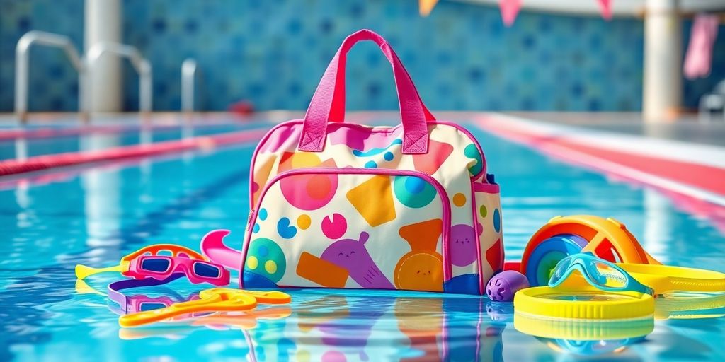 Children's swimming bag with swimming gear by the pool.