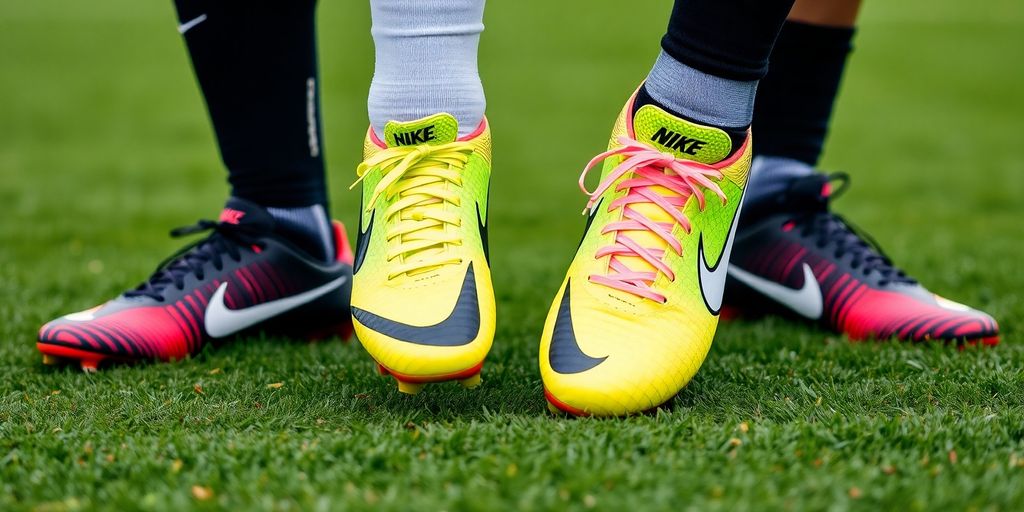 Nike soccer cleats in vibrant colours on grass.