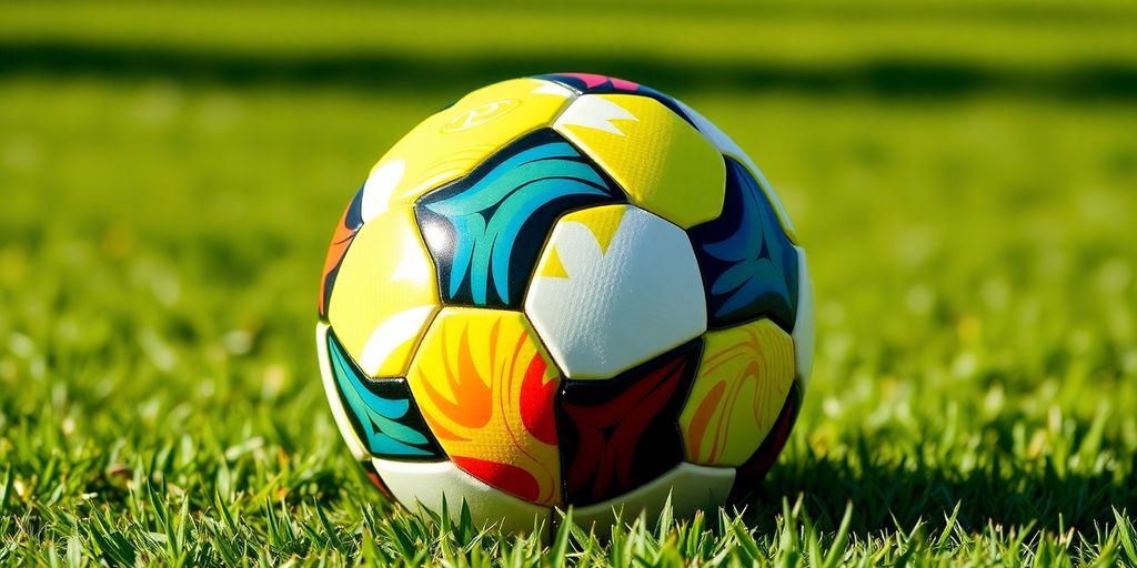 Trendy soccer ball on a green field in Australia.