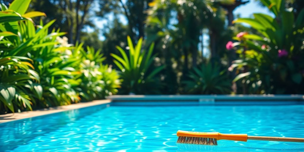 Saltwater pool with maintenance tools in sunny backyard.