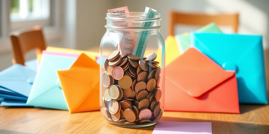 Jars and envelopes for effective budgeting on a table.