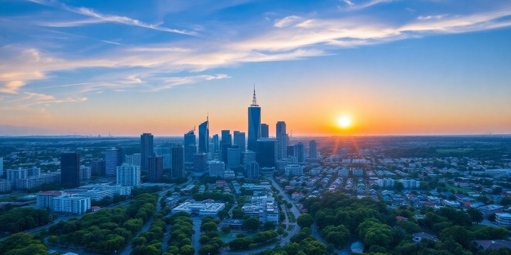 Perth skyline at sunset with modern urban development.