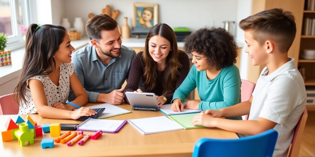 Family budgeting for childcare costs at a kitchen table.