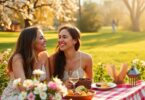 Happy couple on a picnic in a sunny park.