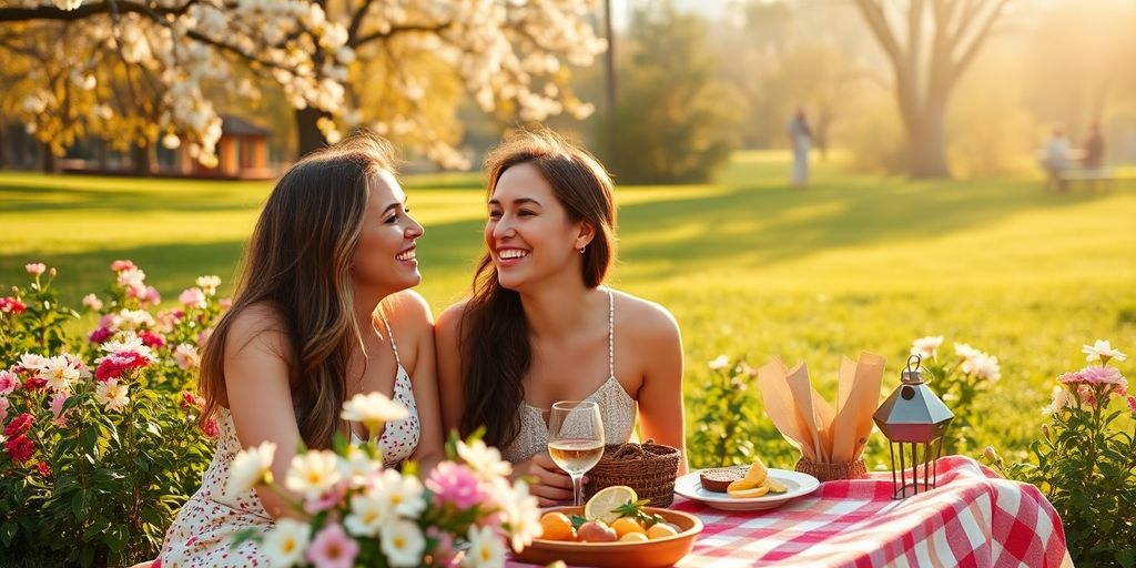 Happy couple on a picnic in a sunny park.