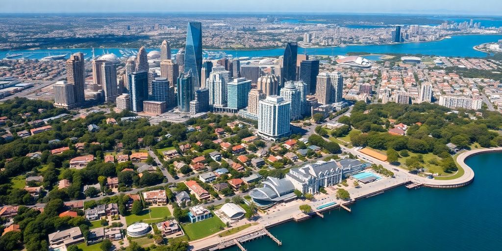 Sydney skyline featuring luxury homes and waterfront properties.