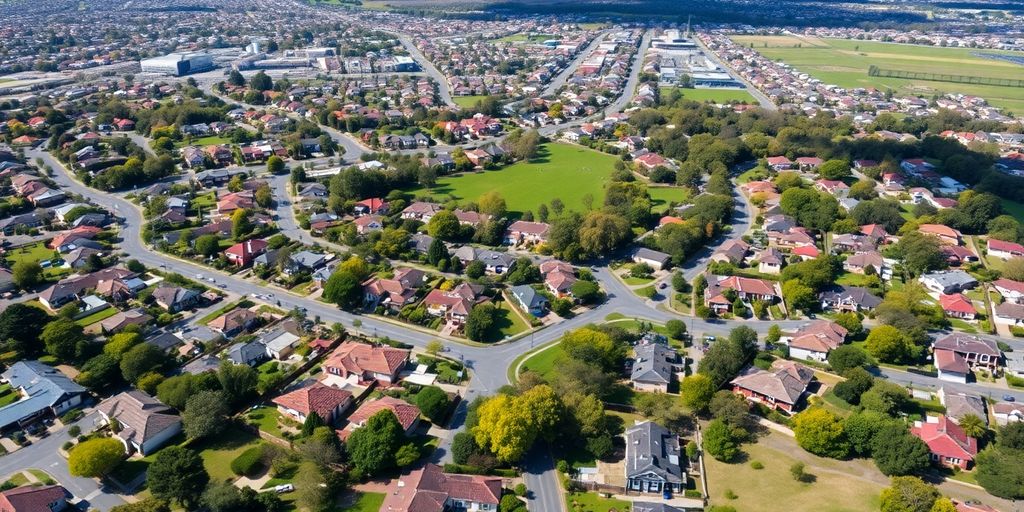 Aerial view of Canberra homes and green spaces.