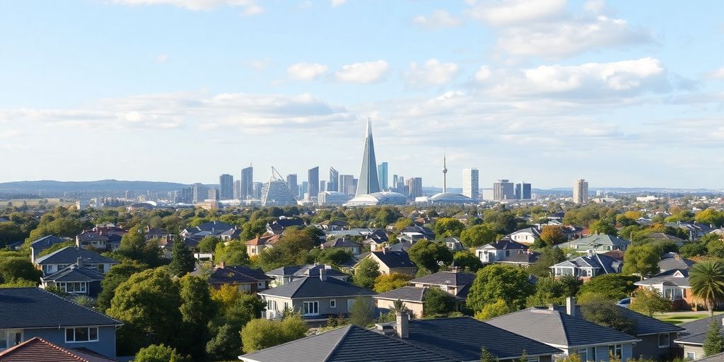Canberra skyline with modern houses and green spaces.