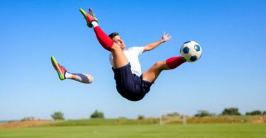 Soccer player executing a bicycle kick in action.