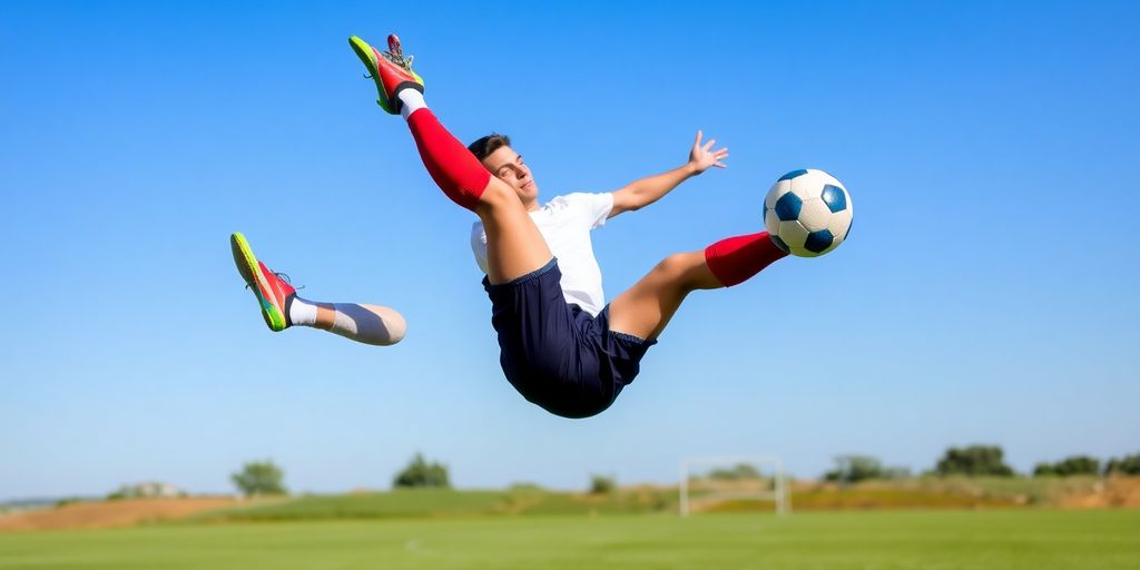 Soccer player executing a bicycle kick in action.
