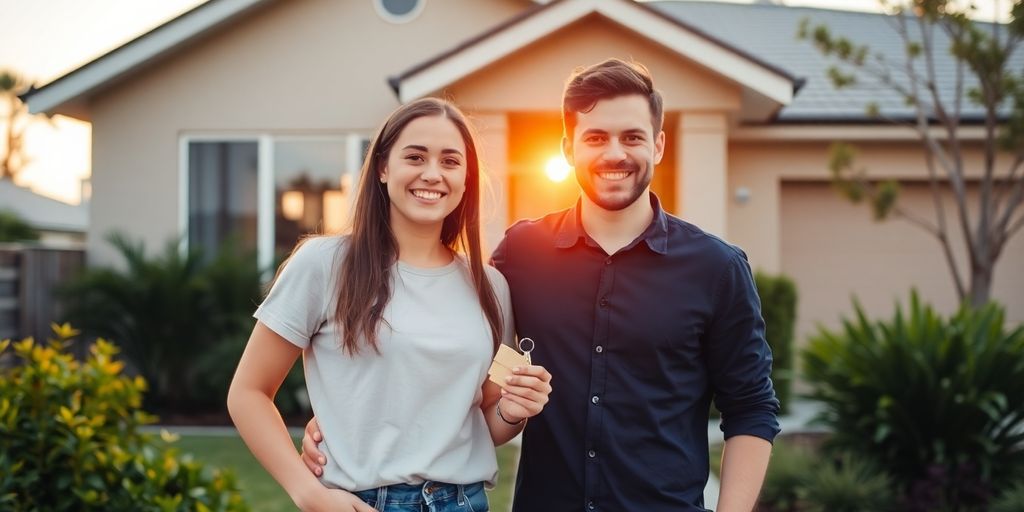 Happy couple with a key outside their new house.