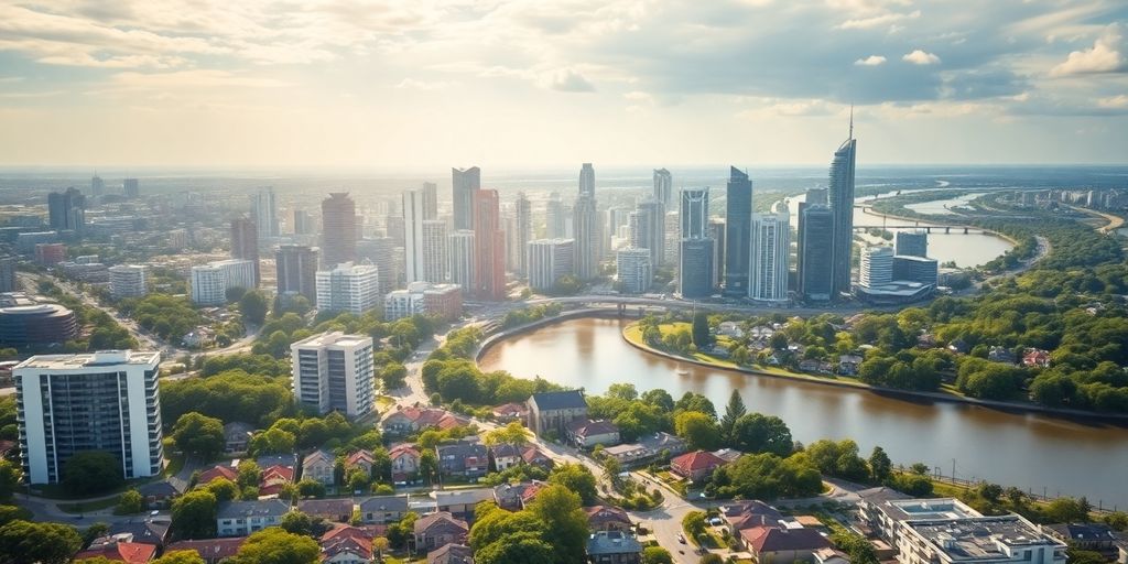 Brisbane skyline with modern architecture and green spaces.