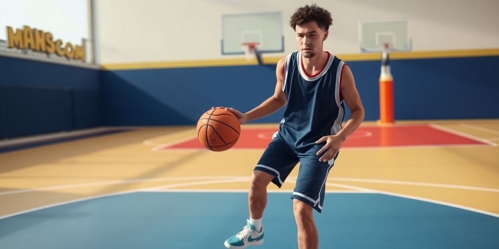 Beginner practicing dribbling drills on a basketball court.