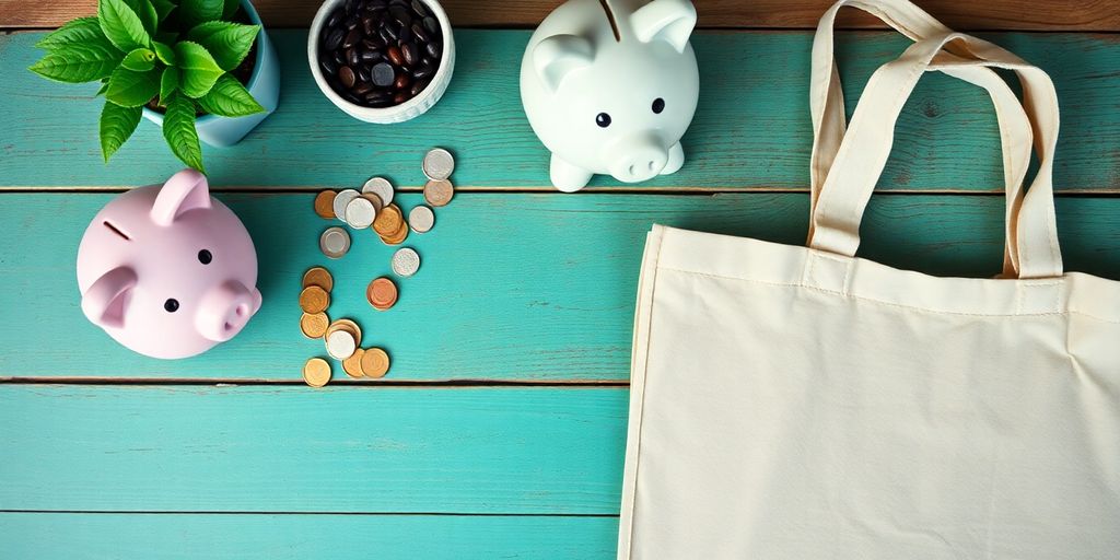 Flat lay of piggy bank, coins, and reusable bag.