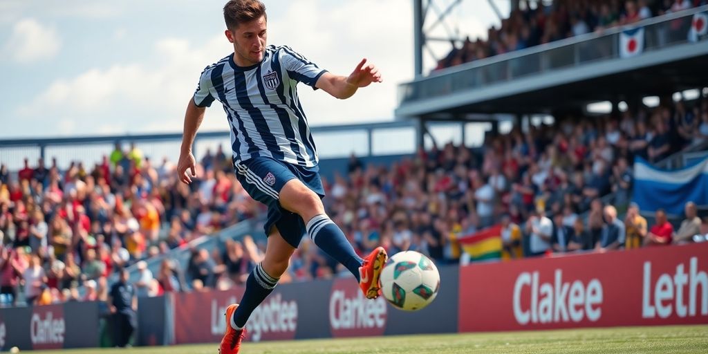 Excited soccer player kicking a ball with cheering fans.