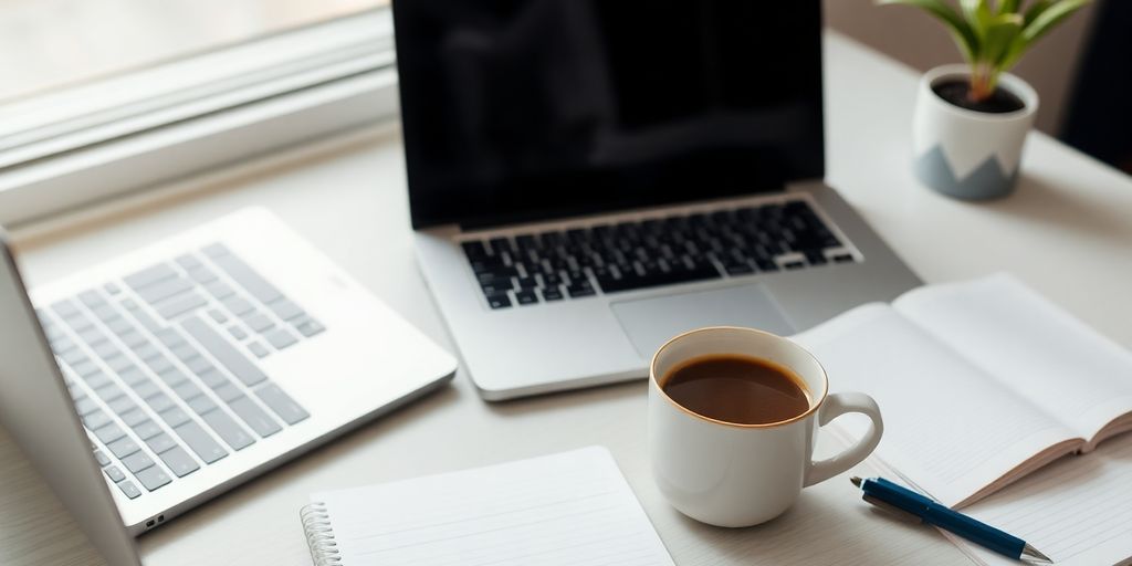 A workspace with a laptop and notepad for budgeting.