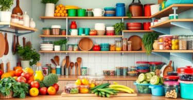 A colorful kitchen with fresh produce and eco-friendly items.