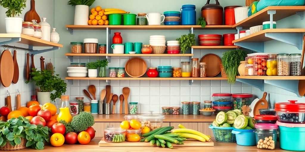 A colorful kitchen with fresh produce and eco-friendly items.