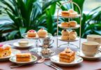 High tea set with pastries and fine china in Perth.
