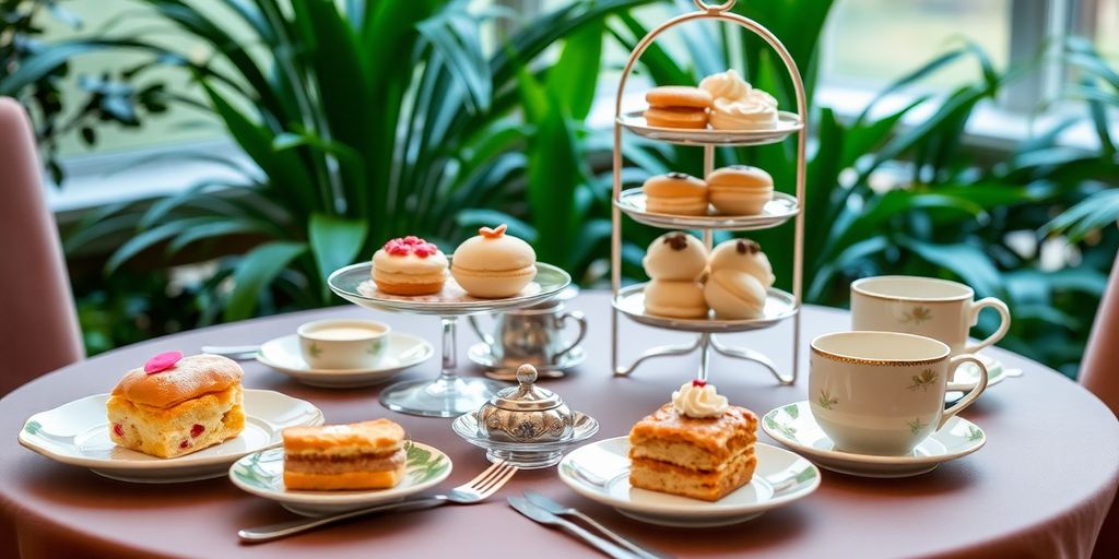 High tea set with pastries and fine china in Perth.