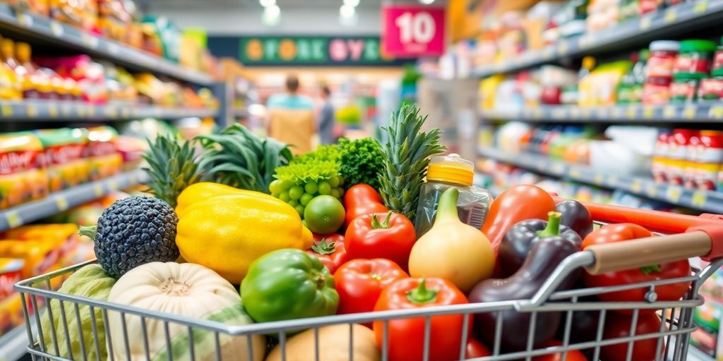 Fresh groceries in a shopping cart at supermarket.