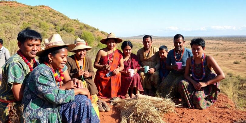Aboriginal community members engaged in cultural activities outdoors.