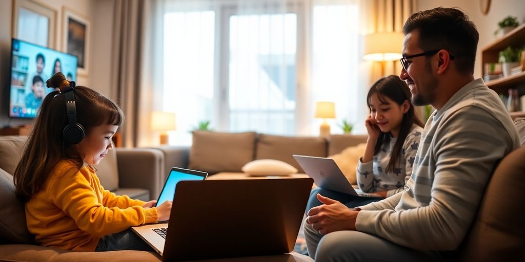 Family using NBN at home with devices and comfort.