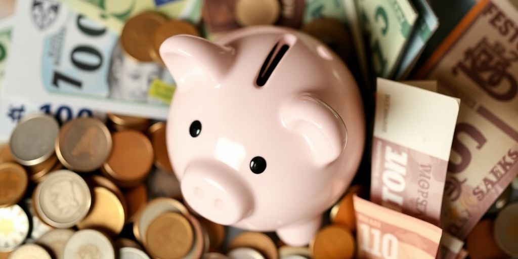 Piggy bank with Australian coins and notes for saving tips.