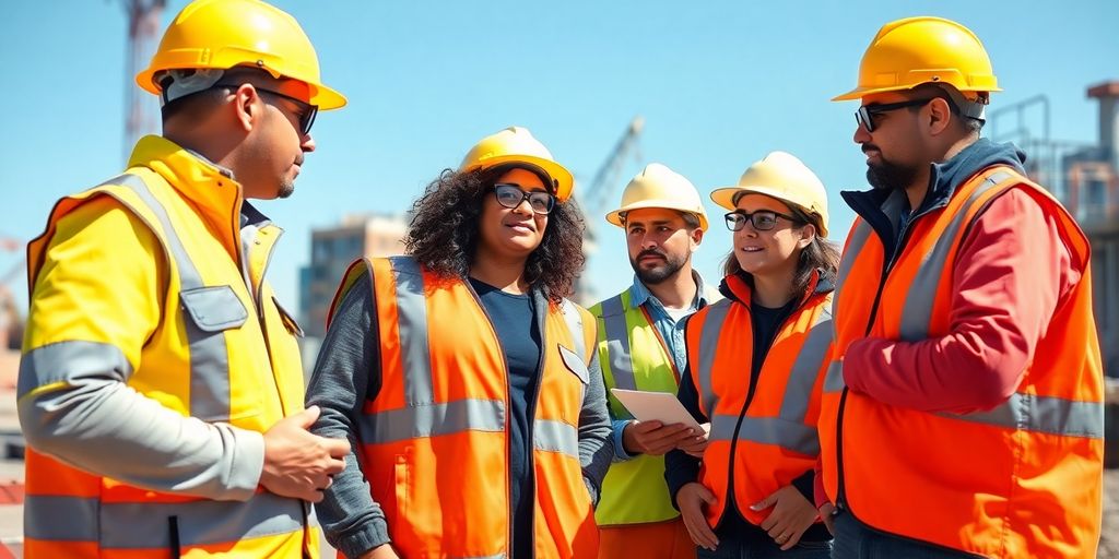 Workers in safety gear discussing on a construction site.