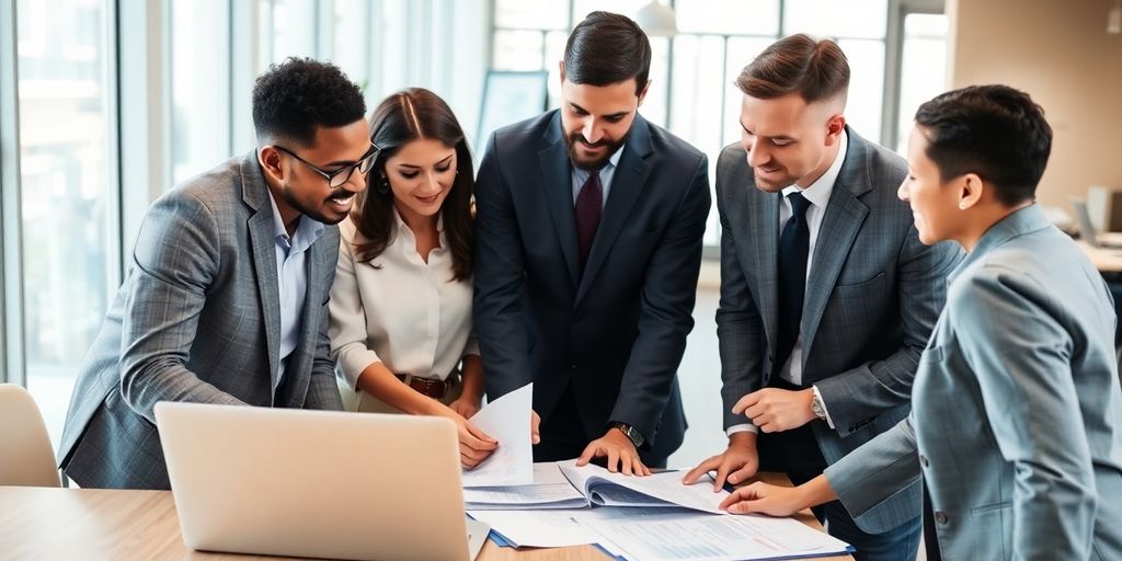 Business team collaborating on budgeting strategies in office.