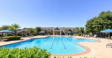 A pristine pool with sun loungers and greenery around.