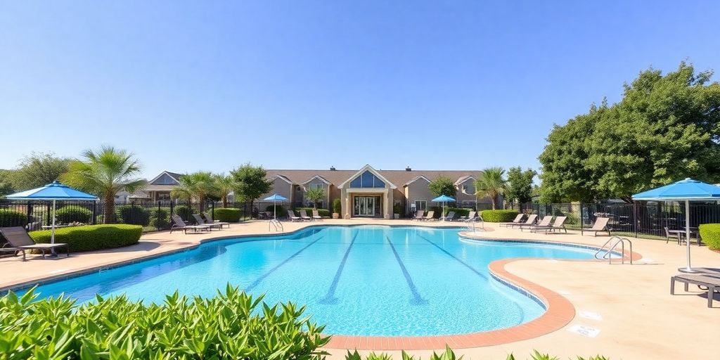 A pristine pool with sun loungers and greenery around.