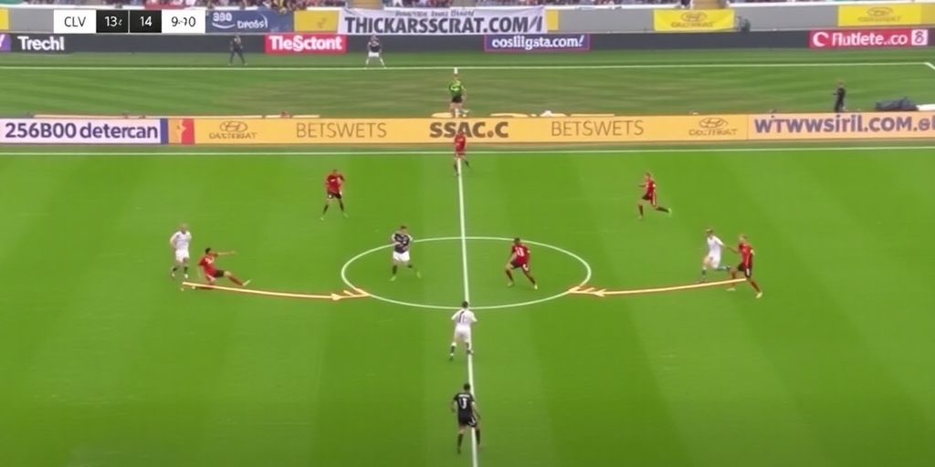 Soccer players in a 5-3-2 formation on the field.