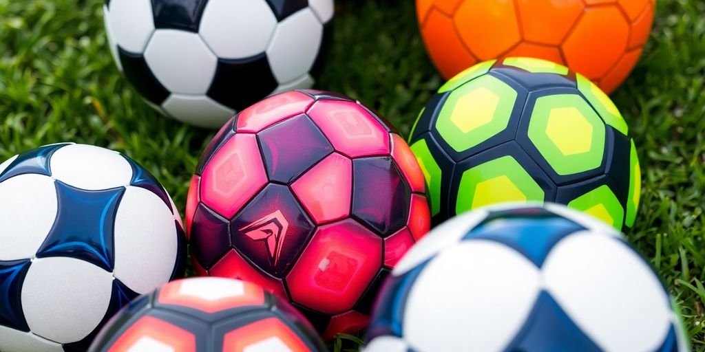 Different sized soccer balls on a grassy field.