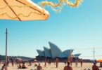 Sunny Sydney beach with people enjoying Christmas Day.