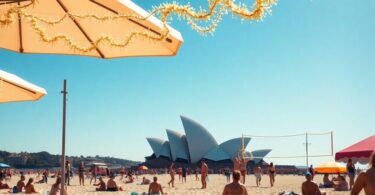 Sunny Sydney beach with people enjoying Christmas Day.