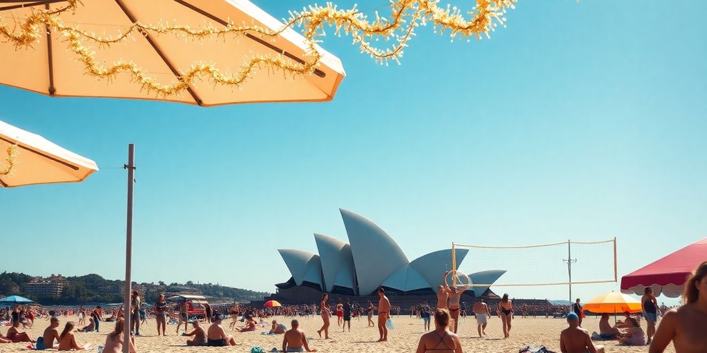 Sunny Sydney beach with people enjoying Christmas Day.