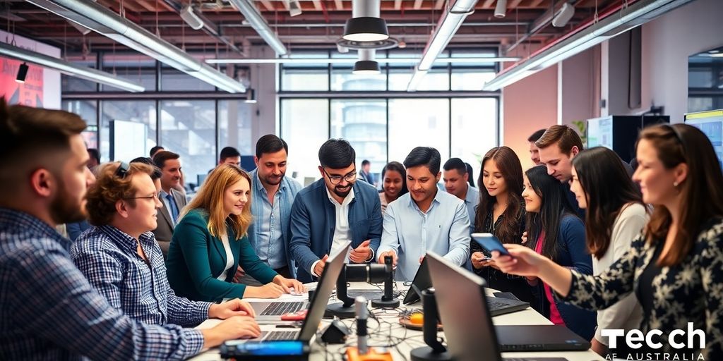 Diverse tech professionals collaborating in a modern workspace.