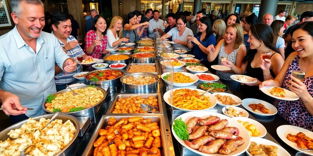 Buffet with diverse dishes and happy diners enjoying food.