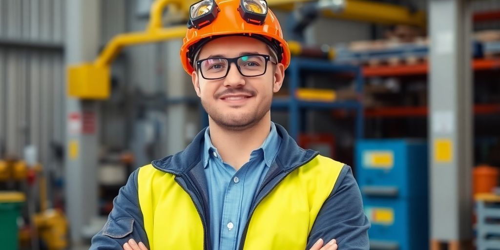 Professional in safety gear at a clean workplace.