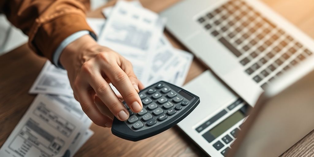 Business owner calculating expenses among receipts and laptop.