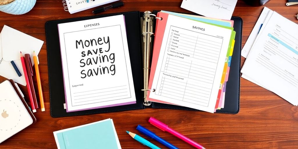 Organised money saving binder with colourful dividers and tools.