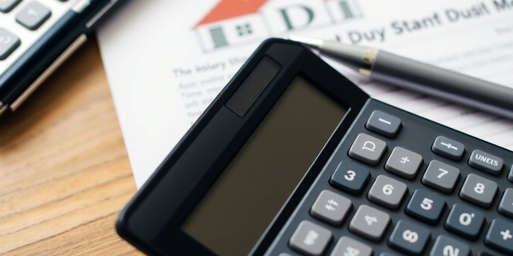 Calculator with property document and pen on a table.