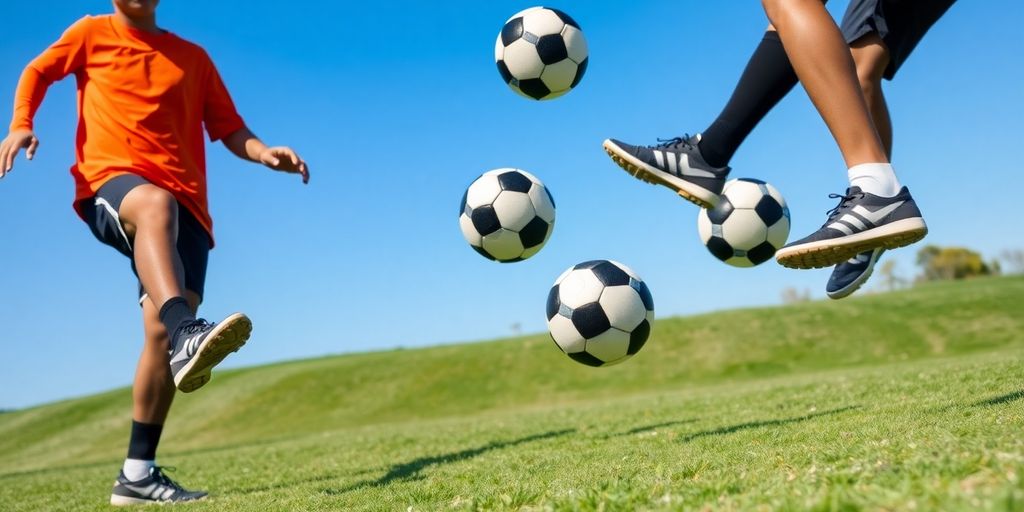 Soccer player juggling a ball on a grassy field.