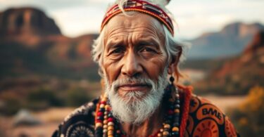 Aboriginal elder in traditional attire in natural landscape.