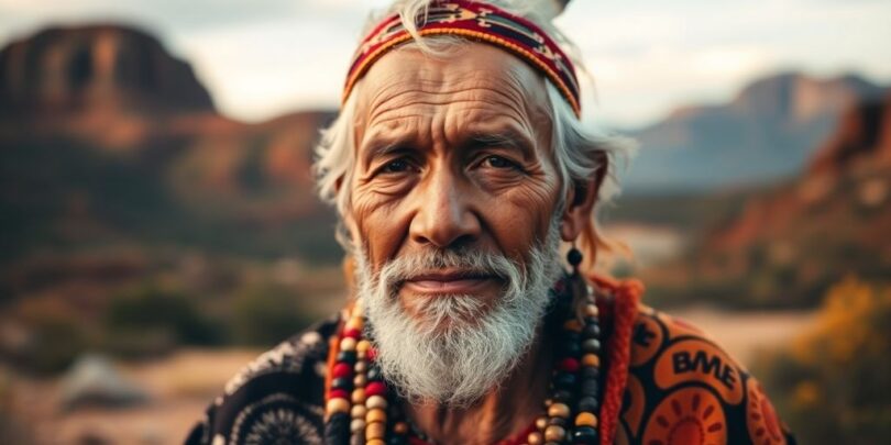 Aboriginal elder in traditional attire in natural landscape.