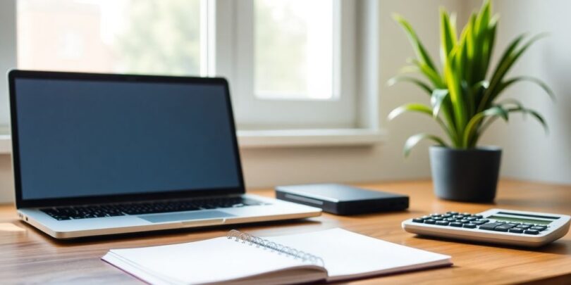 Laptop and calculator on a wooden desk, budgeting setup.