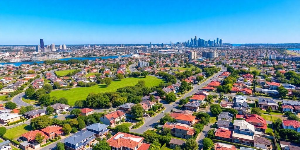 Aerial view of Sydney suburbs with modern homes and parks.