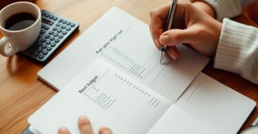Person budgeting with notebook and calculator in warm light.