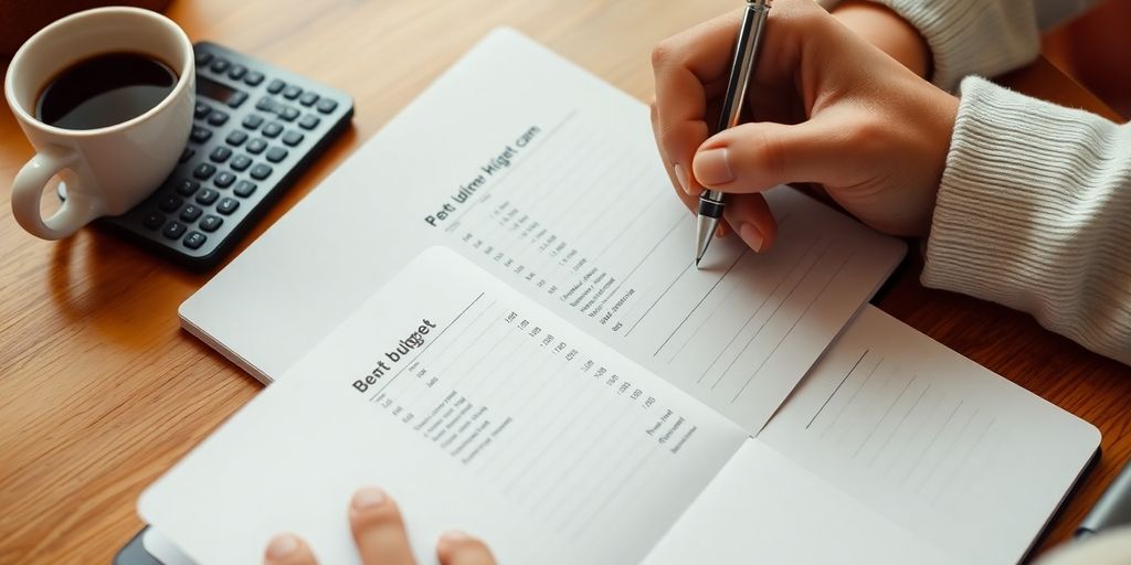 Person budgeting with notebook and calculator in warm light.